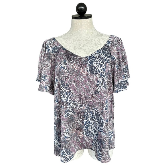 Red by BKE Floral Flutter Sleeve Purple Blue Blouse Size Large - Picture 12 of 12